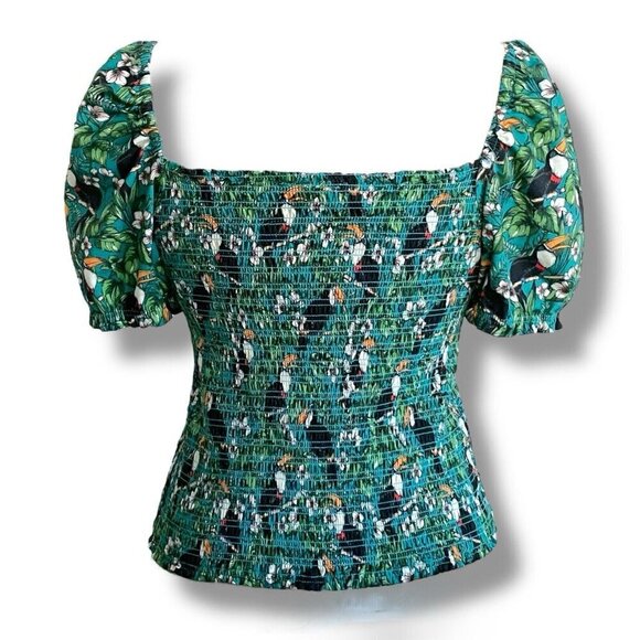 Dolan Womens Top Sz Small Green Toucan Tropical Floral Smocked Puff Sleeve Shirt - Picture 7 of 9